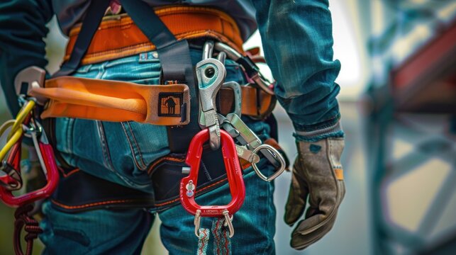 Close up a worker full equipment fall arrest device safety belt hooks. AI generated image