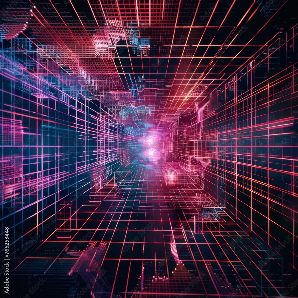 Poster a dynamic digital landscape with a grid pattern illuminated by neon lights, reflecting a futuristic 