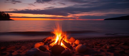 A peaceful scene of a flickering campfire on a sandy beach at sunset, overlooking the vast ocean