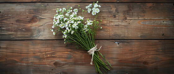 The image features a small bouquet of fresh, white flowers with green stems,