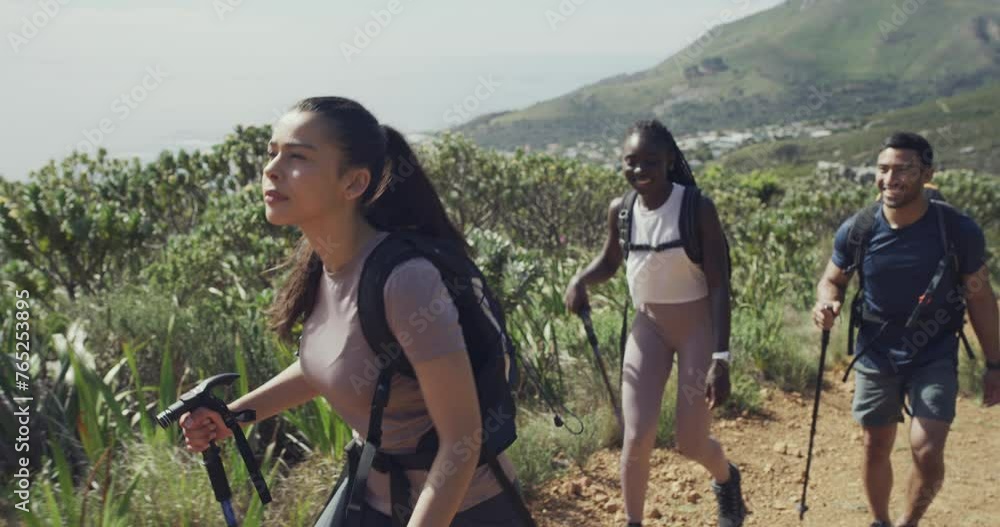 Sticker Trekking, nature fitness and people walk on morning journey, cardio exercise or mountain climbing in South Africa. Backpacking, adventure or group hiking for team workout, sports training or activity