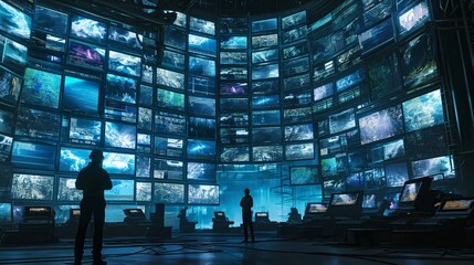 A high-tech surveillance room with multiple screens and figures overseeing operations, in a cinematic sci-fi setting