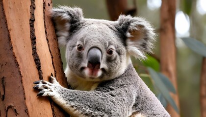 A Koala With Its Claws Wrapped Around A Tree Trunk - obrazy, fototapety, plakaty