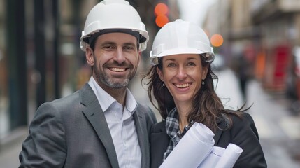 The image shows a businessman and businesswoman smiling while standing on a city street with helmets