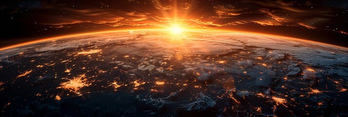 Sunset space vista banner: Celestial twilight from orbit