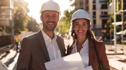 The image shows a businessman and businesswoman smiling while standing on a city street with helmets