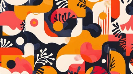 Playful and sophisticated, a retro-inspired illustration features lively organic shapes in a seamless and vibrant composition.