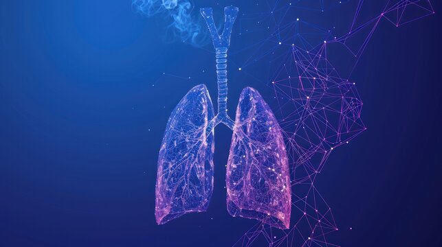 Human Lungs anatomy on wire frame illustration on blue background. AI generated image