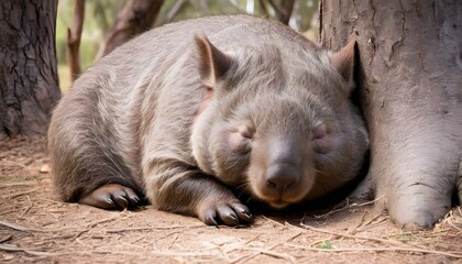 A Sleepy Wombat Dozing Off Under A Tree Upscaled