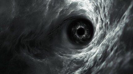 Fototapeta premium Abstract black and white image resembling an eye at the center of a swirling cyclone, suggesting movement and turbulence