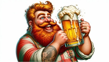 A cheerful man with a red beard and a belly laughs, drinks beer with foam from a large mug, surrounded by drinking people. Oktoberfest, Beer day celebration at beer festival