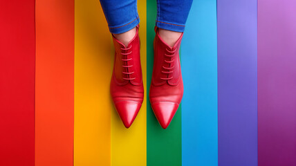 red shoes on a rainbow colored ground, graphic illustration - obrazy, fototapety, plakaty