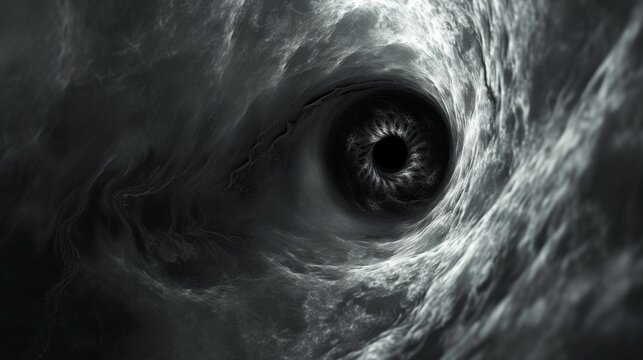Abstract black and white image resembling an eye at the center of a swirling cyclone, suggesting movement and turbulence