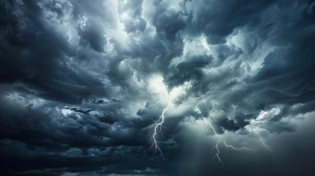 White Lightning strike on the dark cloudy sky landscape. AI generated image