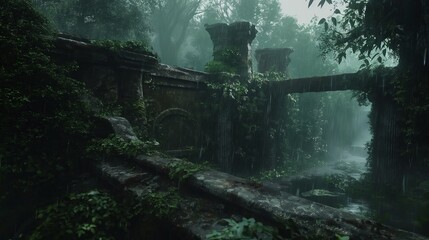 A dark forest setting with a prominent stone wall surrounded by dense trees, creating a mysterious and somber atmosphere.
