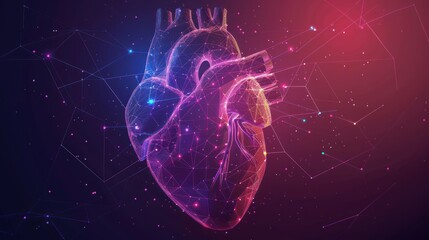 Human anatomy heart shape neon glowing light low poly style infographic. AI generated image