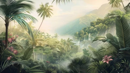 Sierkussen Beautiful tropical landscape with palm trees and tropical leaves wallpaper. Hand Drawn Design. Luxury Wall Mural   © Fatih