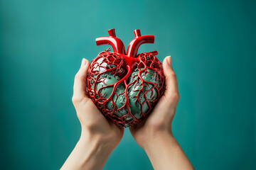 two hands holding an artificial plastic heart, isolated on green background