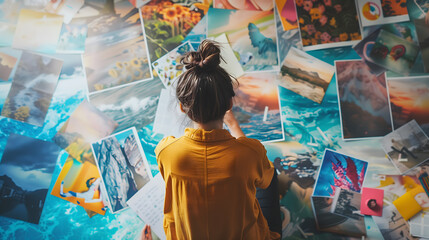 a woman setting goals and creating a vision board, visualizing their aspirations and dreams, surrounded by inspiring images and motivational quotes, focused and determined