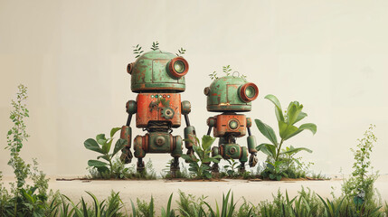robot farmers, cute toy robots on a agricultural field, graphic illustration