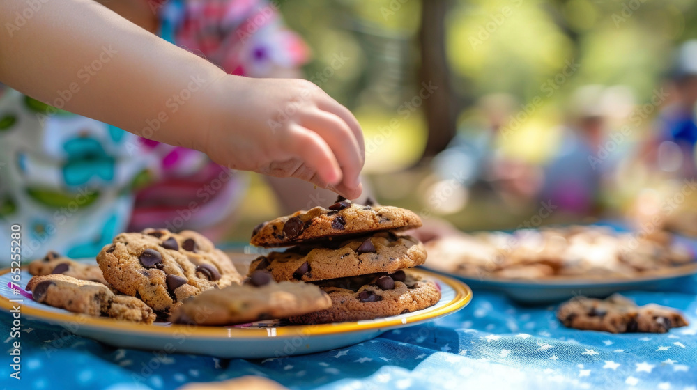 Poster a childs hand reaching for a homemade cookie with a stack of them on a plate in the background at a 