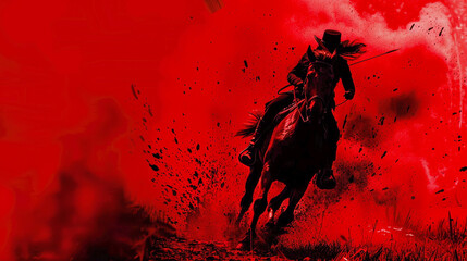 Cowgirl wearing a cowboy hat riding in a horse race, on abstract red background.