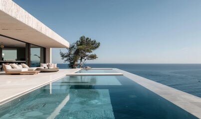 A spacious minimalistic and elegant design house made of white limestone with panoramic views of the Mediterranean Sea - obrazy, fototapety, plakaty