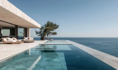 Foto op Canvas A spacious minimalistic and elegant design house made of white limestone with panoramic views of the Mediterranean Sea © piai