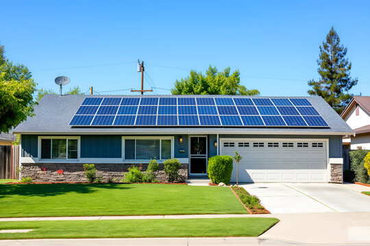 Modern Solar Panels Installed On A San Jose Home Under Clear Blue Sunny Sky, Solar Photography, Solar Powered Clean Energy, Sustainable Resources, Electricity Source