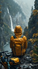 A person with a backpack is seated on a cliff, gazing at a waterfall.