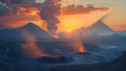 The sun sets behind a range of tall volcanoes casting an otherworldly glow over the land. Clouds of ash and smoke billow from their peaks a reminder of their volatile nature. - obrazy, fototapety, plakaty