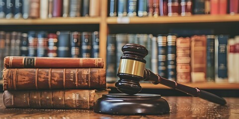 Legal books and a gavel on a library table symbolizing law and justice. Concept Law Books, Gavel, Library Table, Legal Symbolism - obrazy, fototapety, plakaty