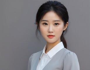 A young Asian corporate woman standing in front of a grey background, staring straight ahead