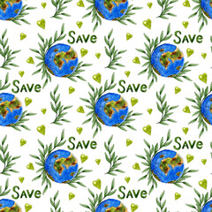 Watercolor illustration of a pattern of blue planet Earth with green sprouts, hearts and the inscription 
