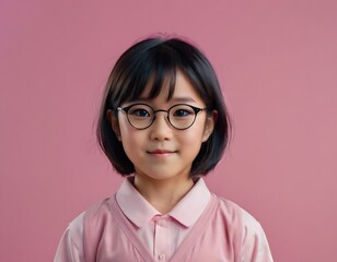 분홍색 단색 배경 앞에 서서 정면을 바라보는 안경을 쓴 어린 여자 아이 상반신 사진 - obrazy, fototapety, plakaty