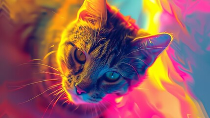 Close-up of a domestic cat's face illuminated by neon lights, highlighting its curious gaze with a surreal and vibrant glow.