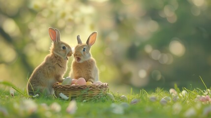 Two adorable rabbits shouting on each other near a basket filled with Easter eggs.