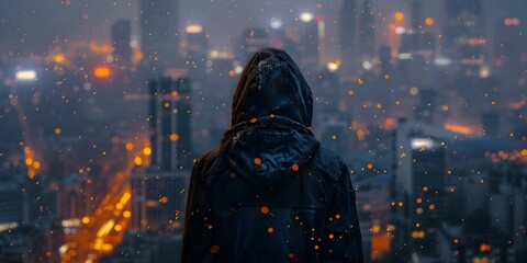 A hacker in a hooded jacket with a city background symbolizing cybercrime and data security. Concept Cybercrime, Data Security, Hacker, City Background, Hooded Jacket
