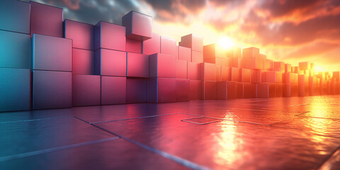 3D background texture, stone blocks backlit by sunset
