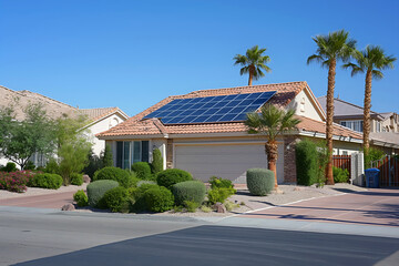 Fototapeta na wymiar Modern Solar Panels Installed On A Las Vegas Home Under Clear Blue Sunny Sky, Solar Photography, Solar Powered Clean Energy, Sustainable Resources, Electricity Source