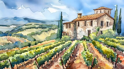 Panoramic view of green valley landscape with brick houses, vineyards, groves, poppies and cypress...
