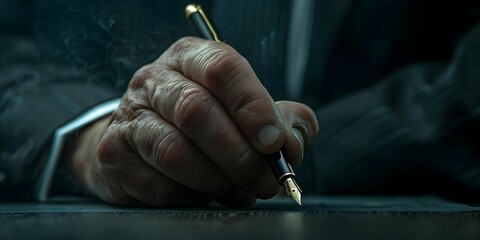 A lawyers hand holding a pen providing legal consultation for a business dispute in an office setting. Concept Legal Consultation, Business Dispute Resolution, Office Setting, Lawyer with Pen - obrazy, fototapety, plakaty