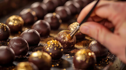 A close-up view of a person using a knife to cut into various chocolates on a cutting board.