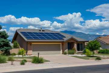 Modern Solar Panels Installed On A Albuquerque Home Under Clear Blue Sunny Sky, Solar Photography, Solar Powered Clean Energy, Sustainable Resources, Electricity Source