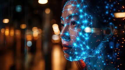 Nighttime Portrait: Asian Woman Enveloped in Blue Light Data Algorithms