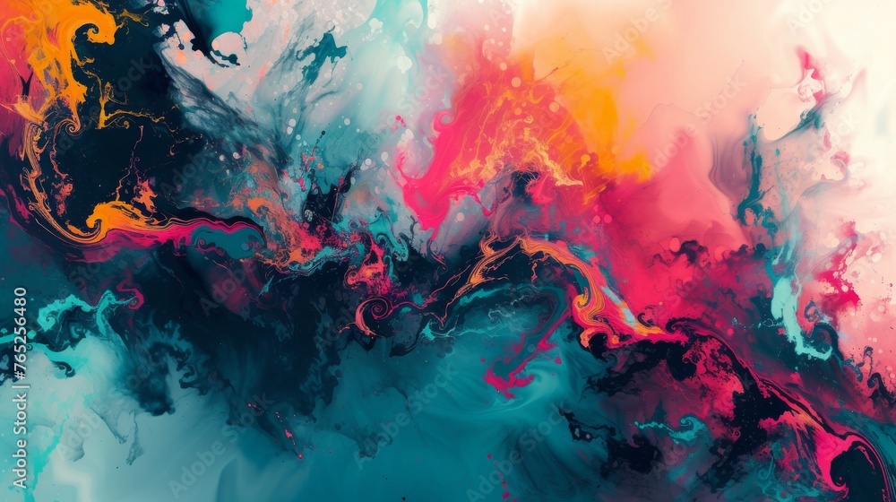 Poster an ethereal abstract composition with swirling colors blending into a dreamy fusion of reds, blues, 