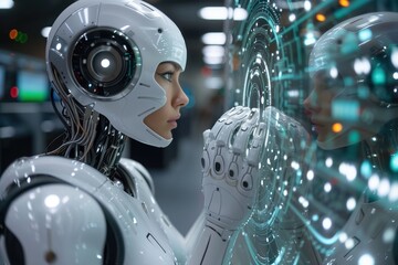 Fototapeta premium Futuristic Interface: Female Cyborg Engages with Advanced Computer on Spaceship, Sci-Fi A.I Concept