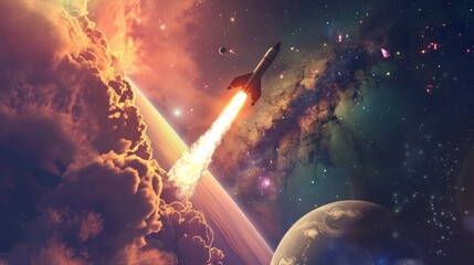 Rendering illustration cartoon rocket launch to Space with colorful planet background. AI generated - obrazy, fototapety, plakaty