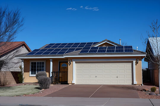 Modern Solar Panels Installed On A Albuquerque Home Under Clear Blue Sunny Sky, Solar Photography, Solar Powered Clean Energy, Sustainable Resources, Electricity Source