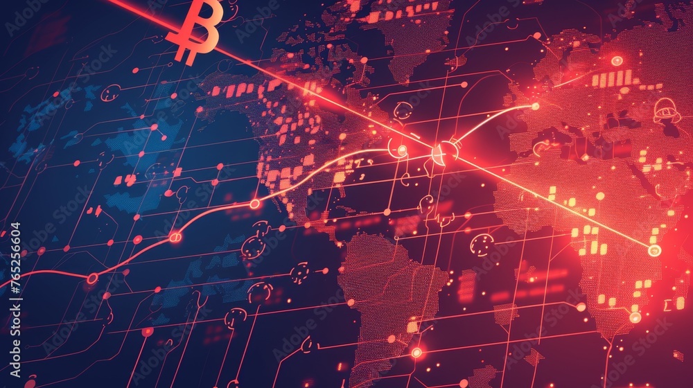 Poster this image visually interprets the global impact of bitcoin, linking digital currency with worldwide